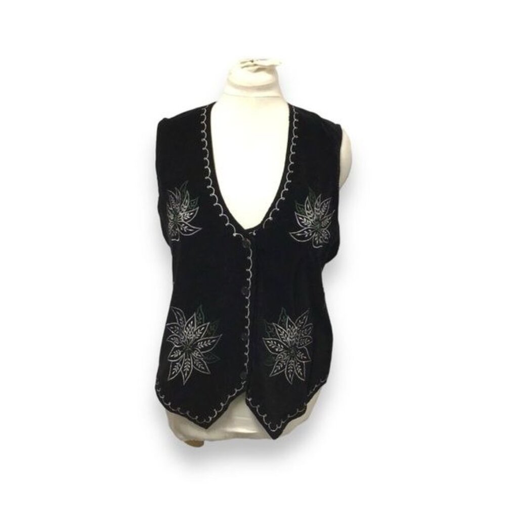 Bobbie Brooks Women’s Vintage 90s Velvet Embroidered Vest Boho Chic Floral Black